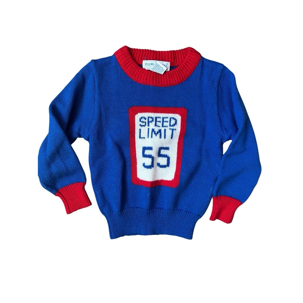 Vintage Oshkosh Kids Sweater Boys Cars Driving Unisex Blue And Red 4T 2/3 Yrs